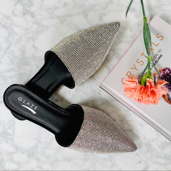 Shoes - ✨Black Crystal Rhinestone Pointed Mule Flats Shoes - ✨Black Crystal Rhinestone Pointed Mule Flats